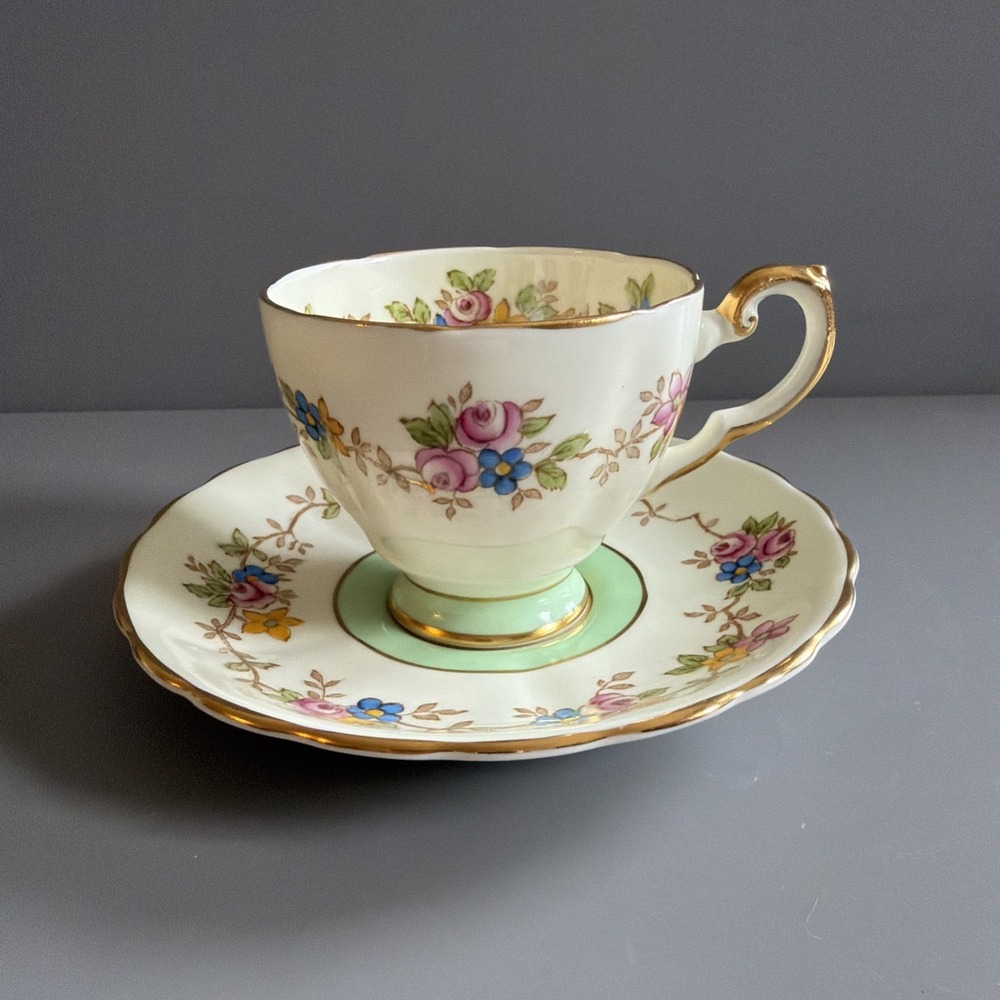 Vintage 1940s Plant Tuscan English Bone China Tea Cup & Saucer Floral Green Gold